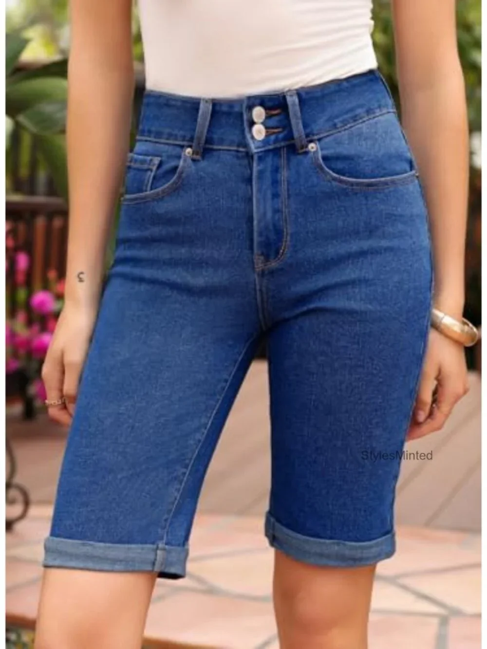 High Waisted Denim Bermuda Shorts Rolled Hem Stretchy Casual Summer